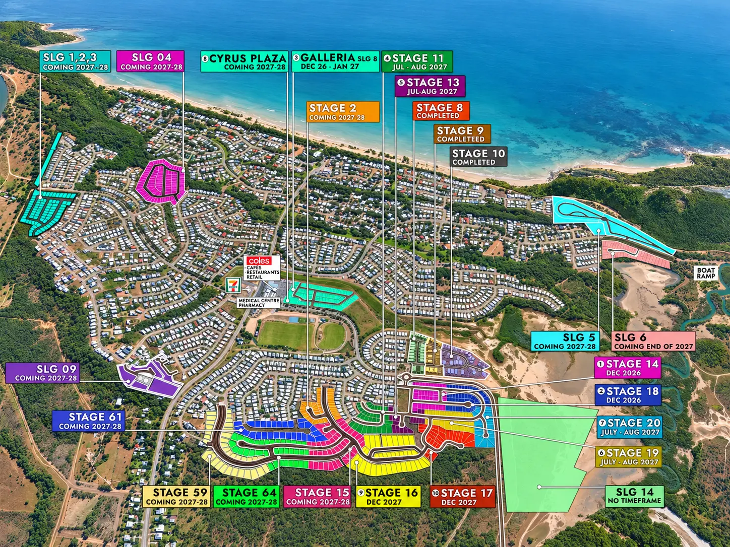 Aerial masterplan of Bushland Beach, Townsville, showing colour-coded development stages and releases across the coastal township